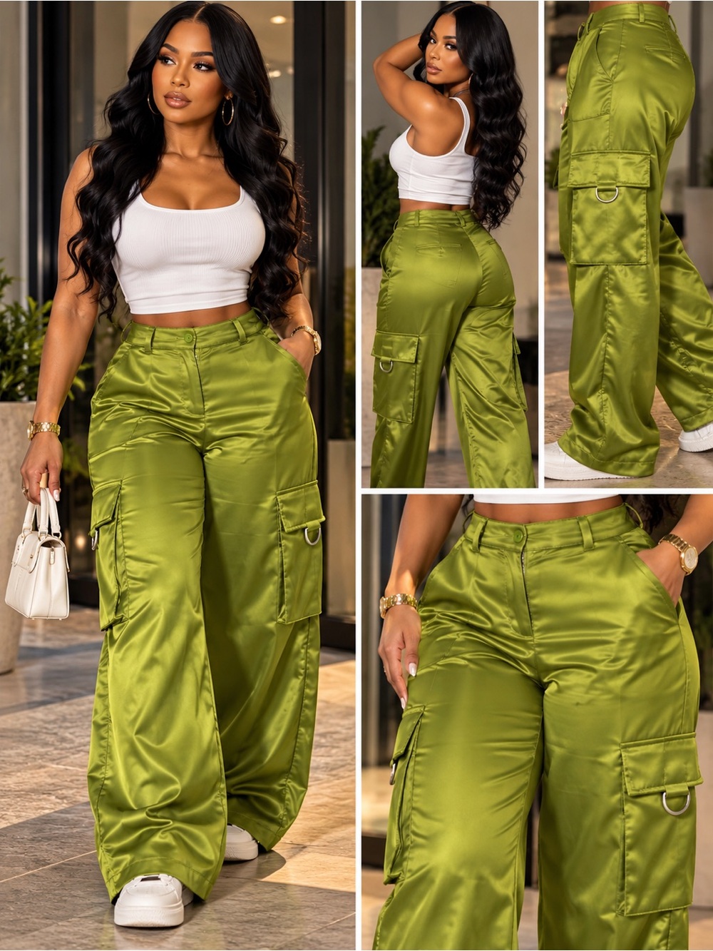 Sincerely Jules Olive Satin Cargo Wide-Leg Pants